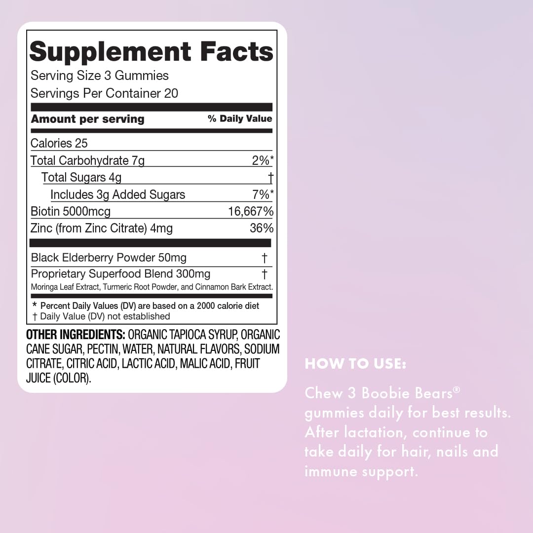 Boobie Bears Lactation Gummies packaging; 60-count bottle highlighting 3-in-1 benefits.