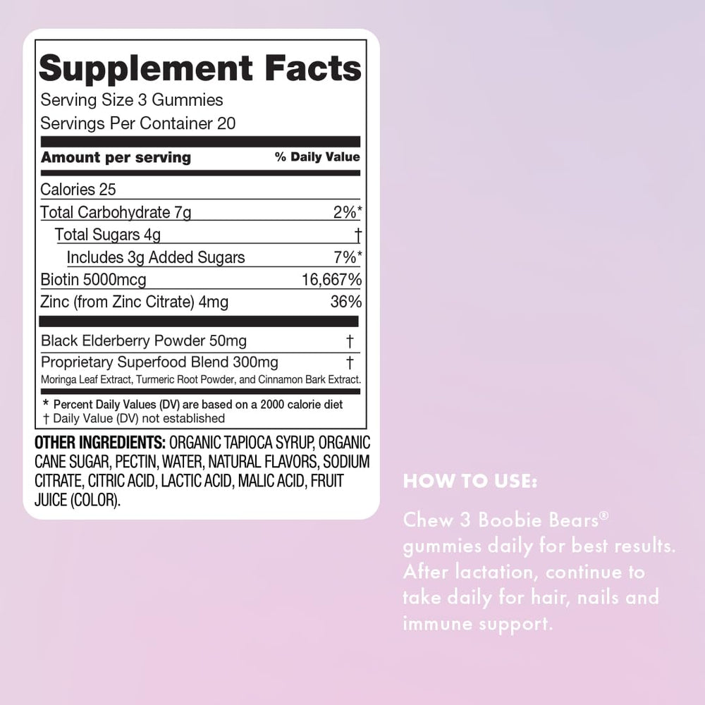 Boobie Bears Lactation Gummies packaging; 60-count bottle highlighting 3-in-1 benefits.