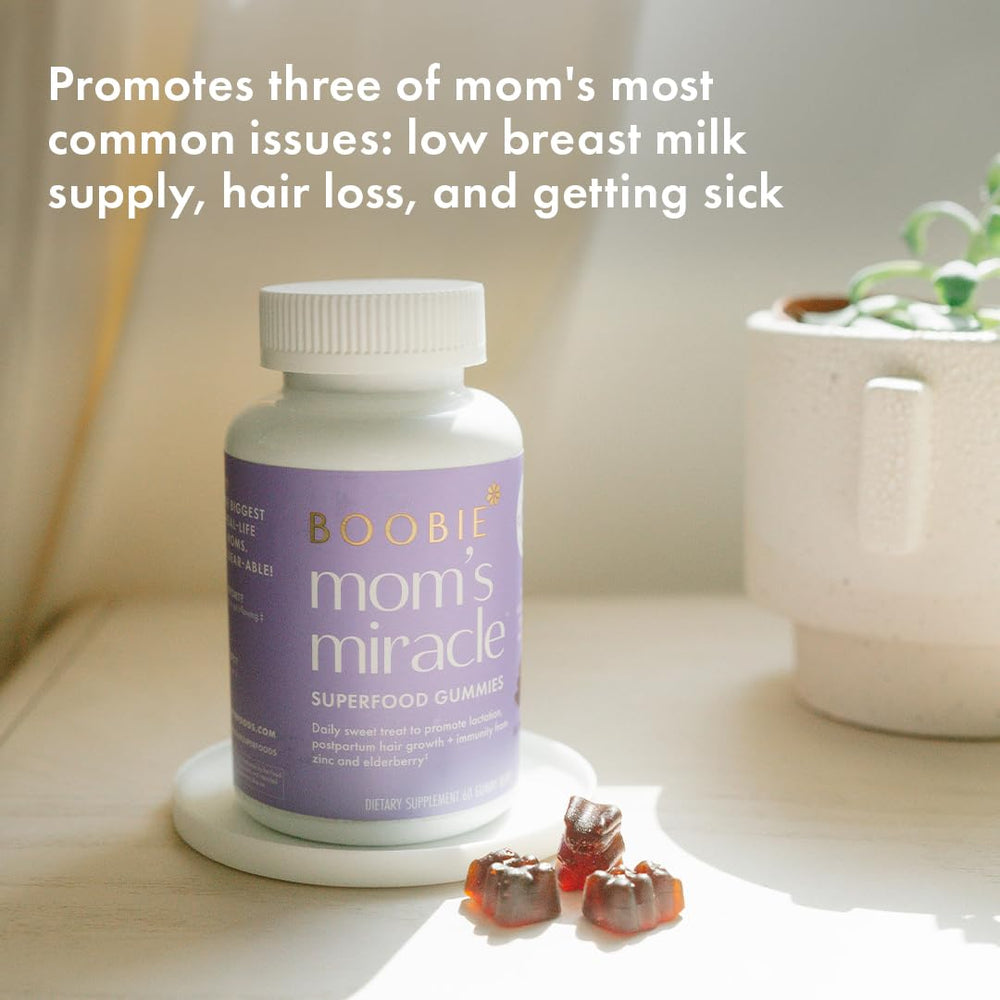 Boobie Bears Lactation Gummies ingredients table; moringa, elderberry, biotin for holistic support.