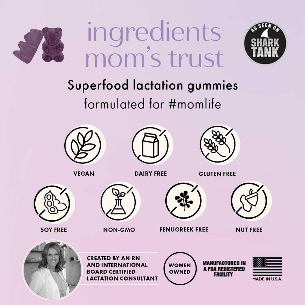Boobie Bears Lactation Gummies packaging; vegan, organic, gluten-free snacks for busy moms.
