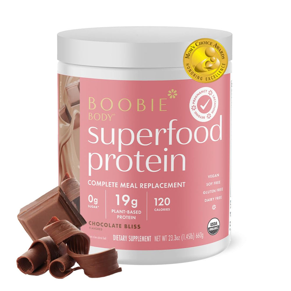 Boobie Body Chocolate Bliss tub close-up showing protein powder for moms