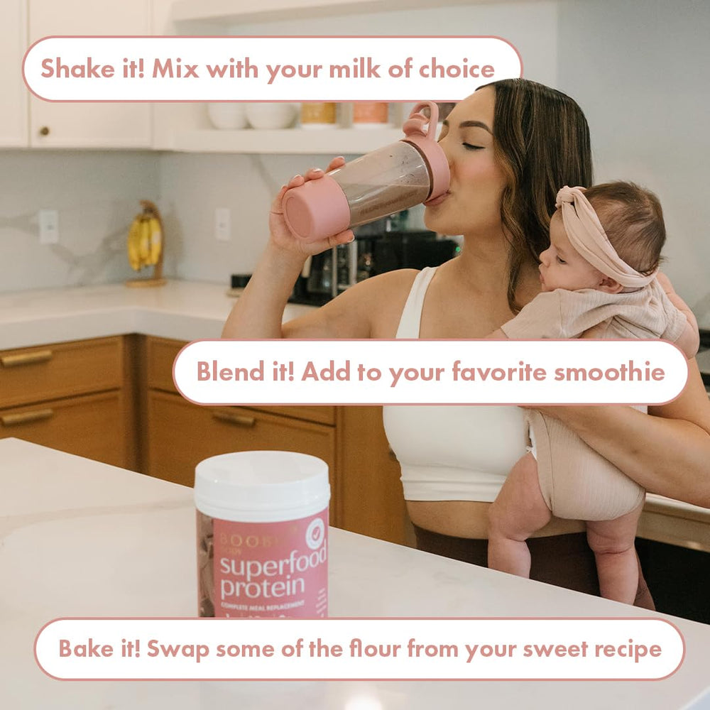 Boobie Body postpartum nutrition vibes in serving cup with smiling mom