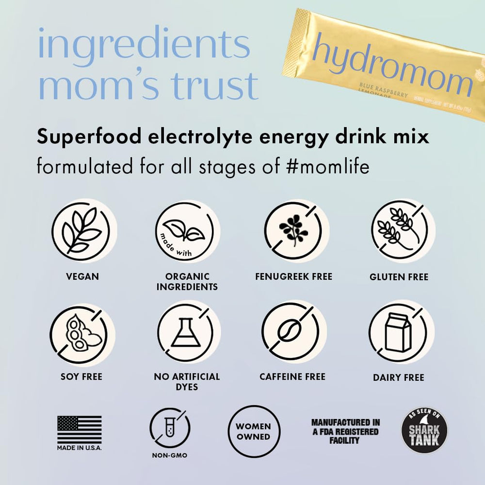 Boobie Hydromom on the go bottle with a hydration packet nearby