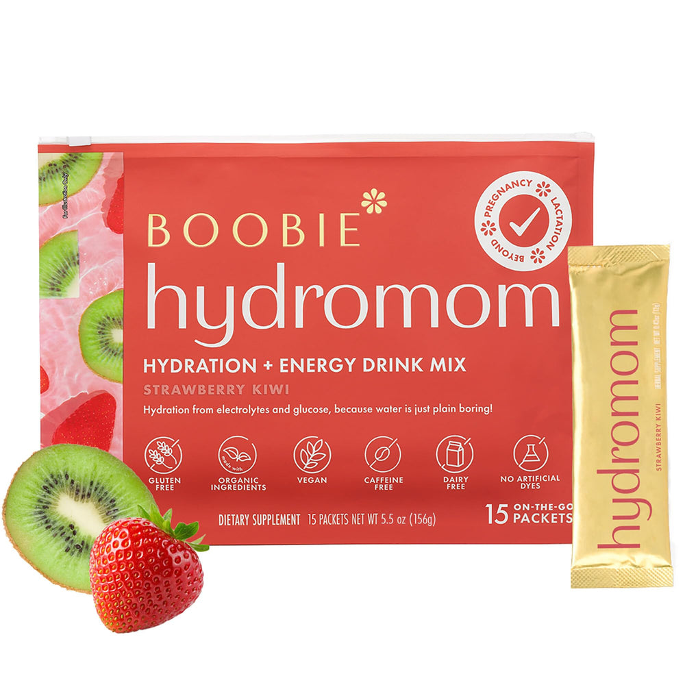 Boobie Hydromom strawberry kiwi packet front for on-the-go hydration for moms
