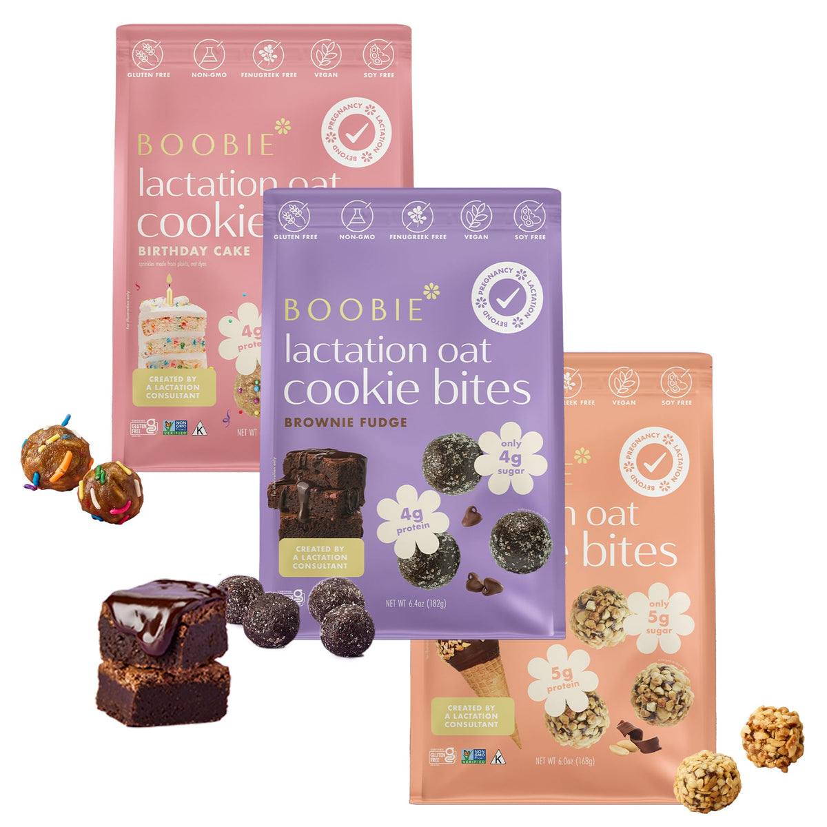 Boobie Lactation Cookies Birthday Cake packaging highlights low sugar and plant-based protein.