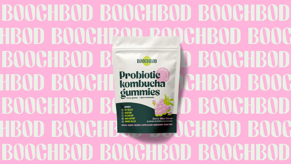 BoochBod bottle in kitchen setting suggesting daily use.