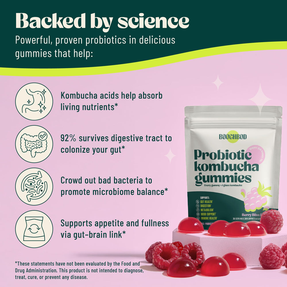 BoochBod gummies close-up highlighting fiber and probiotics benefits.