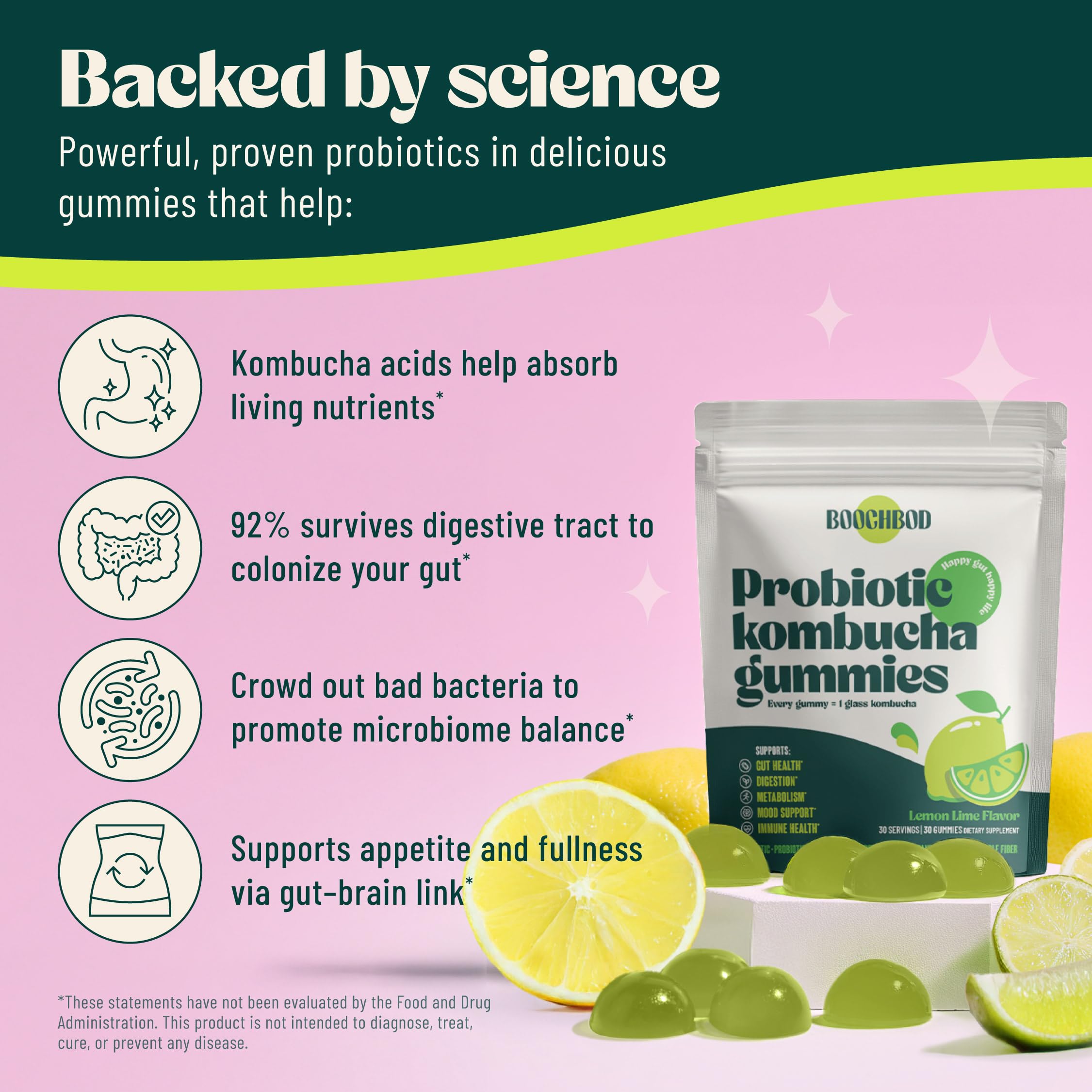 BoochBod probiotic gummies in a jar suggest on-the-go digestive balance.