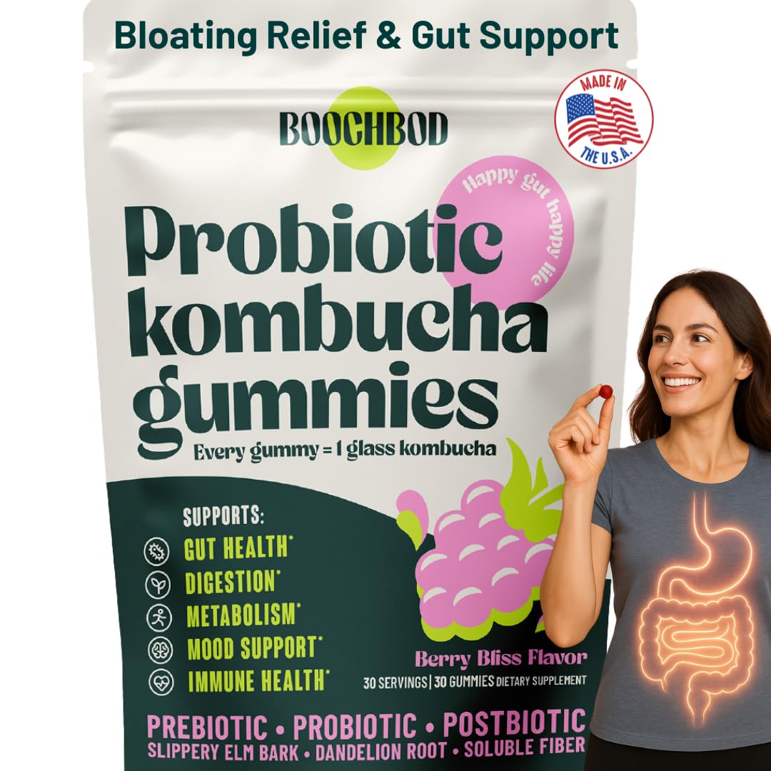 BoochBod probiotic kombucha gummy bottle showcasing a gut-friendly daily boost.