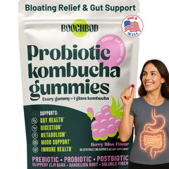 BoochBod probiotic kombucha gummy bottle showcasing a gut-friendly daily boost.