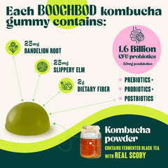 BoochBod vegan gluten-free gummies label shows plant-based digestive wellness.