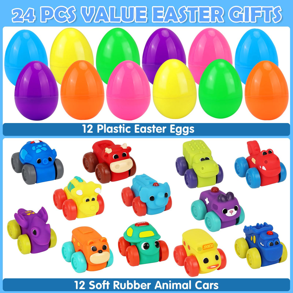 Boogem Easter eggs opened to reveal rubber animal car toys for kids