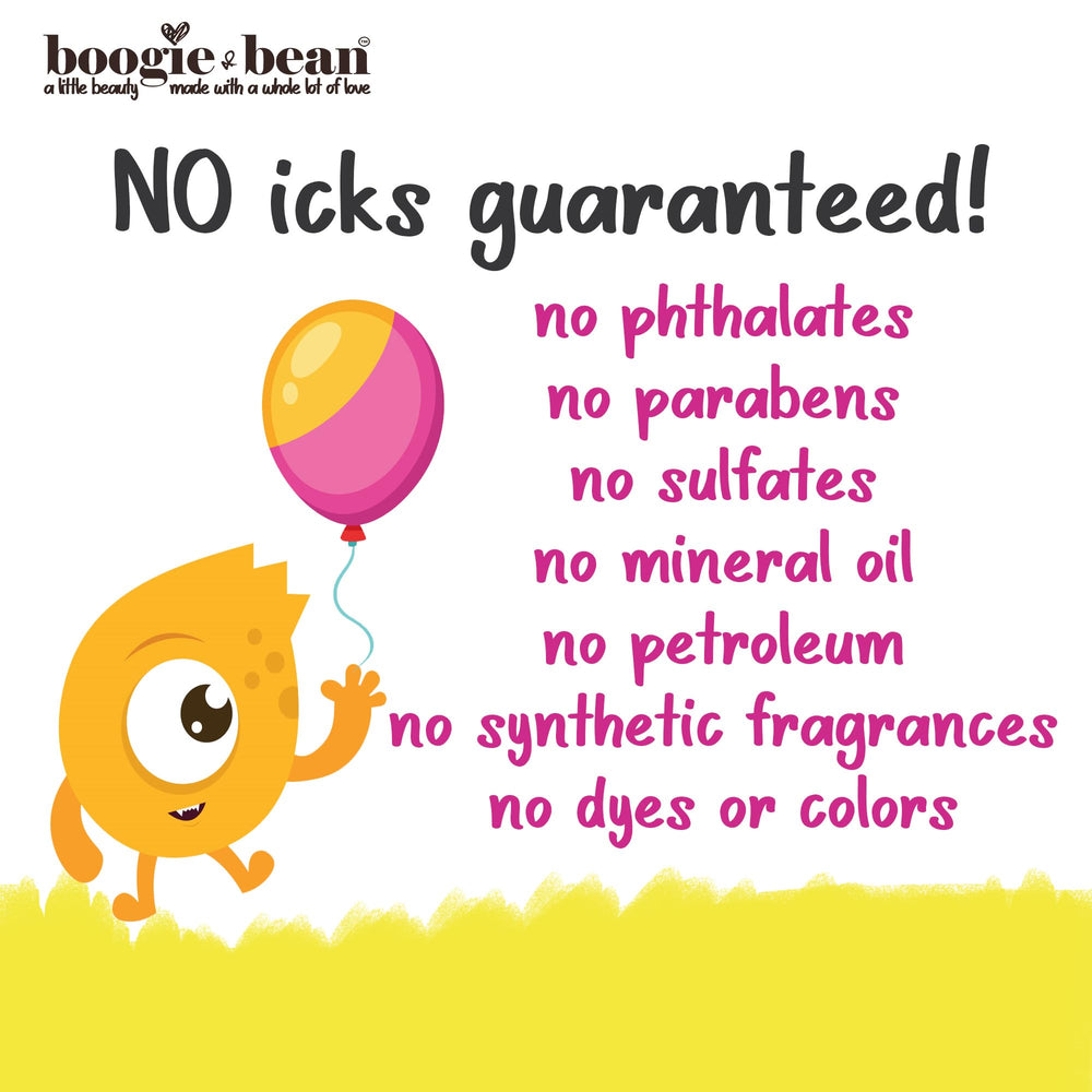 Boogie and Bean family-hair-care routine shot with kid and spray bottle.