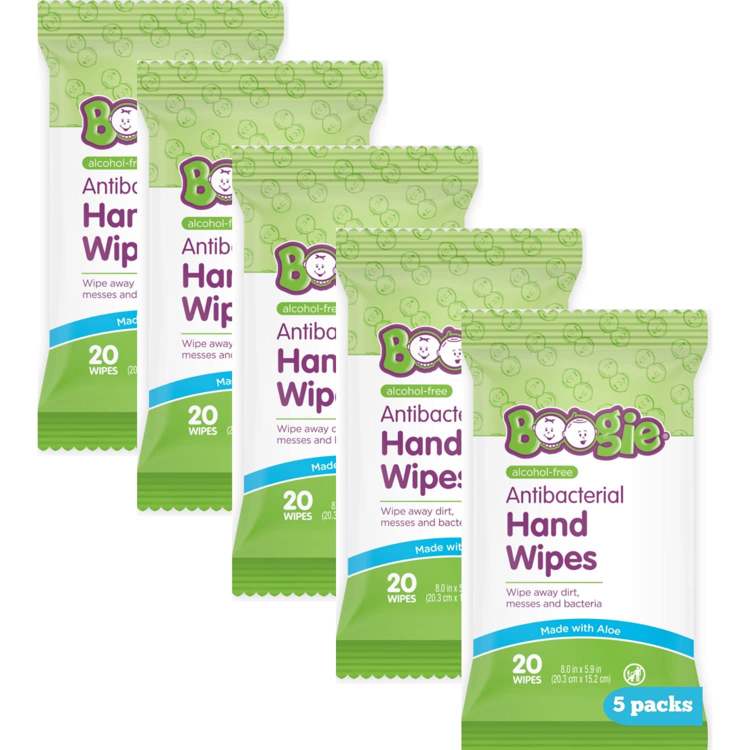 Boogie antibacterial hand wipes pack shot highlighting 5x20 packs for convenient on the go cleaning