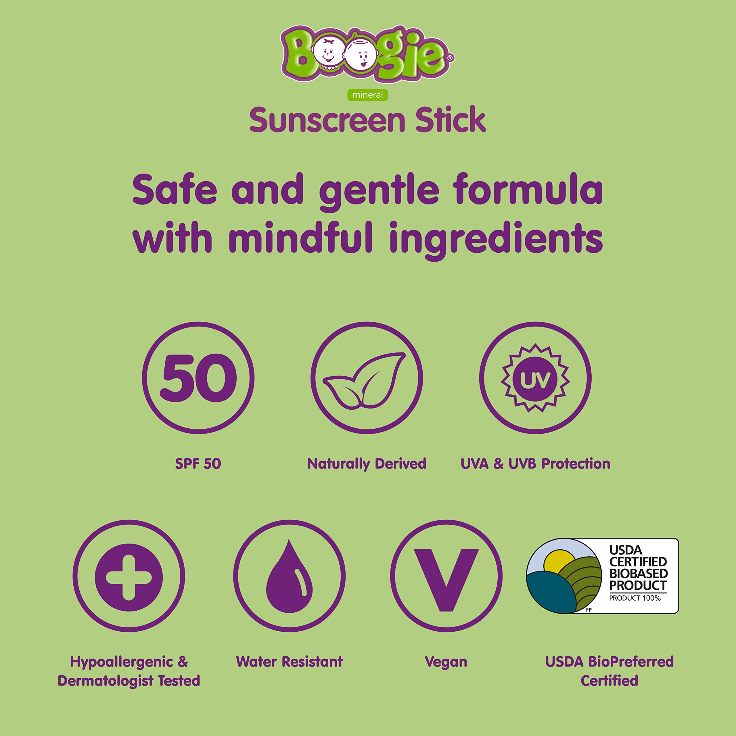 Boogie Baby Sunscreen Stick SPF 50 label highlights mineral sun protection.