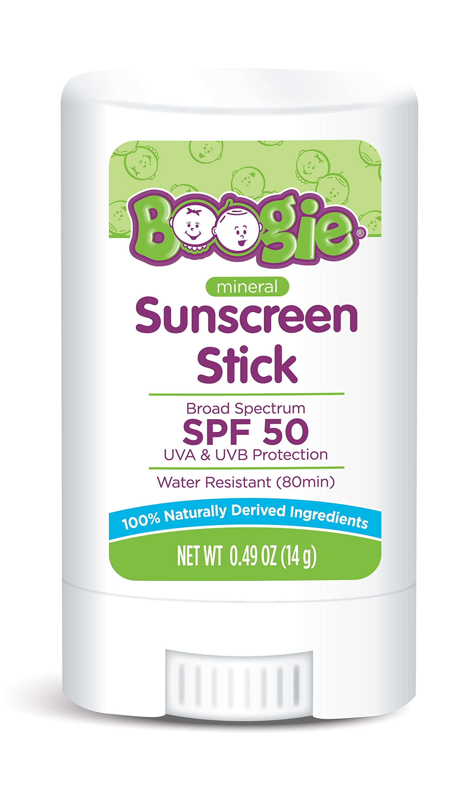 Boogie Baby Sunscreen Stick front packaging with SPF 50 label for easy reference.
