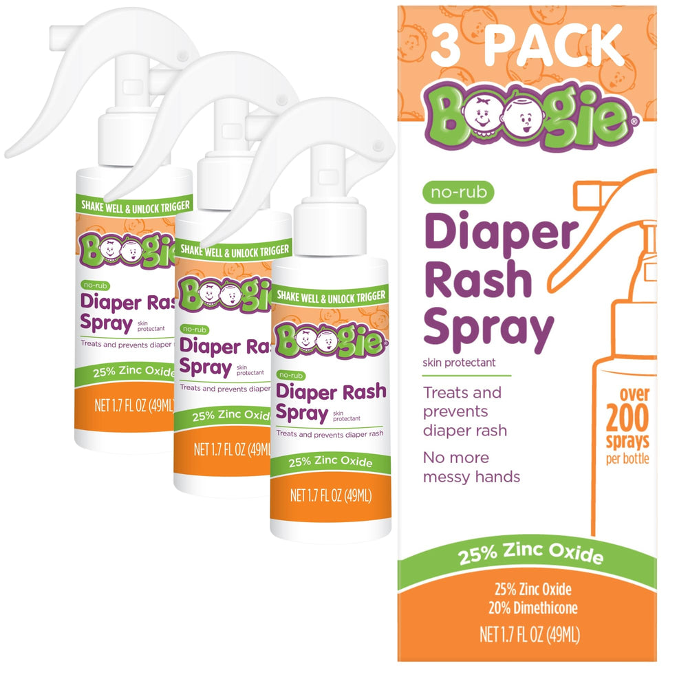 Boogie Diaper Rash Spray bottle demonstrates easy touch-free application for quick on-the-go care