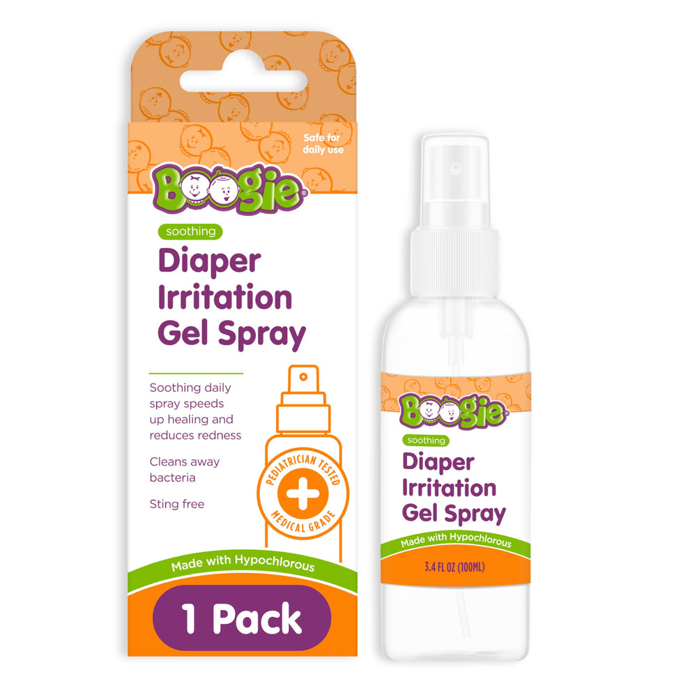Boogie hypochlorous acid diaper gel spray bottle for mess-free diaper rash relief.