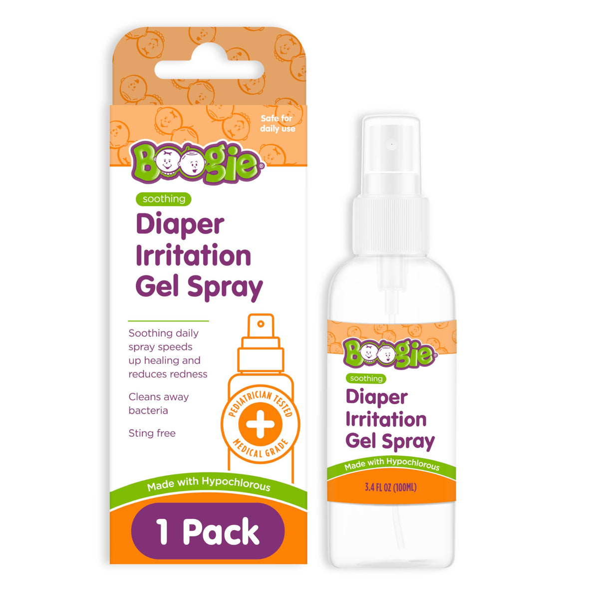 Boogie hypochlorous acid diaper gel spray bottle for mess-free diaper rash relief.
