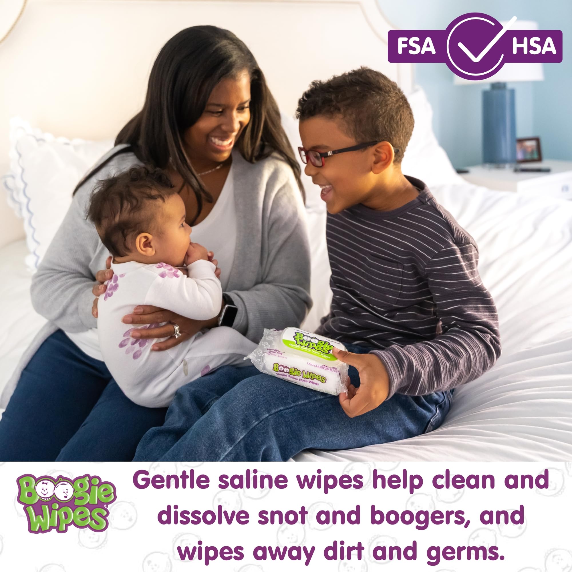 Boogie Saline Nose Wipes used on a baby for gentle relief