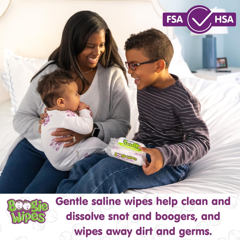 Boogie Saline Nose Wipes used on a baby for gentle relief