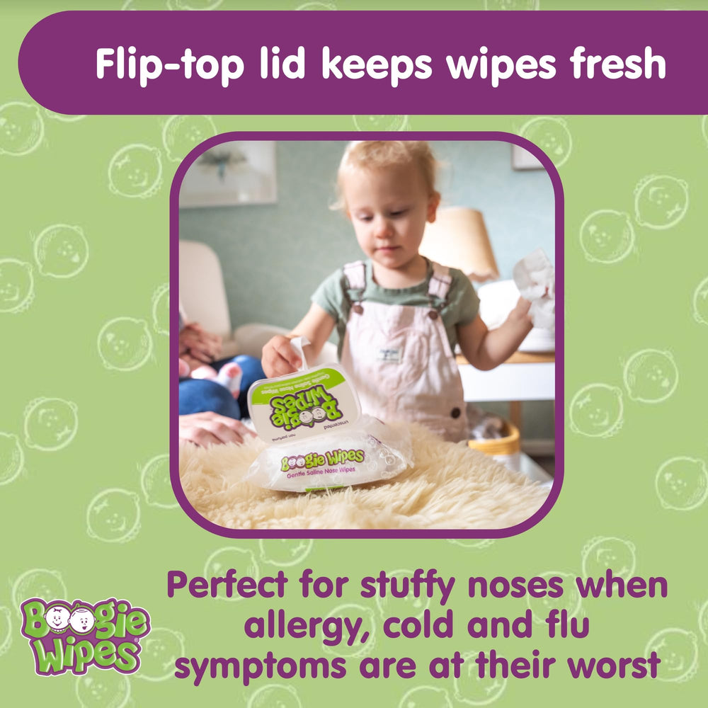 Boogie Unscented Saline Nose Wipes packaging shown