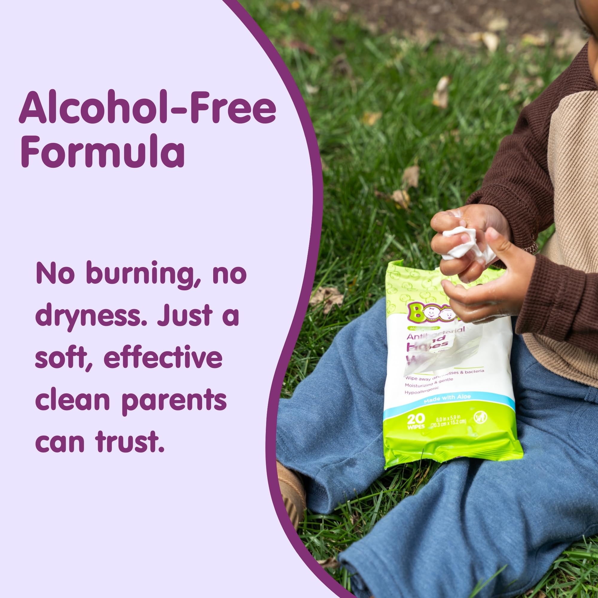 Boogie wipes label detail highlights alcohol free hypoallergenic and dermatologist tested
