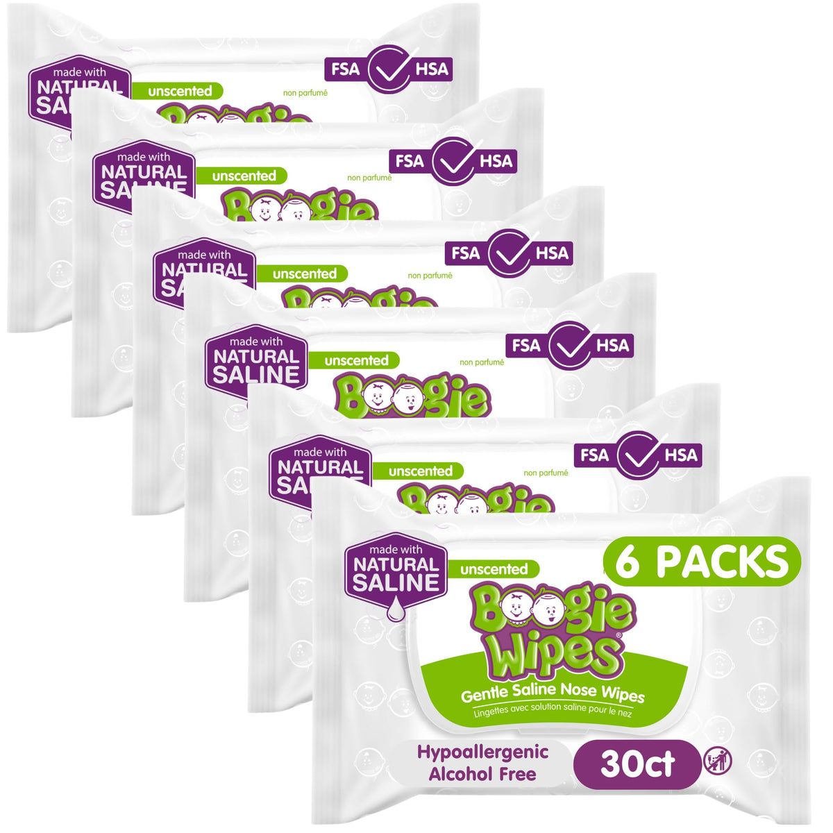 Boogie Wipes Unscented pack front showing versatile baby wipes for face, hands, and nose.
