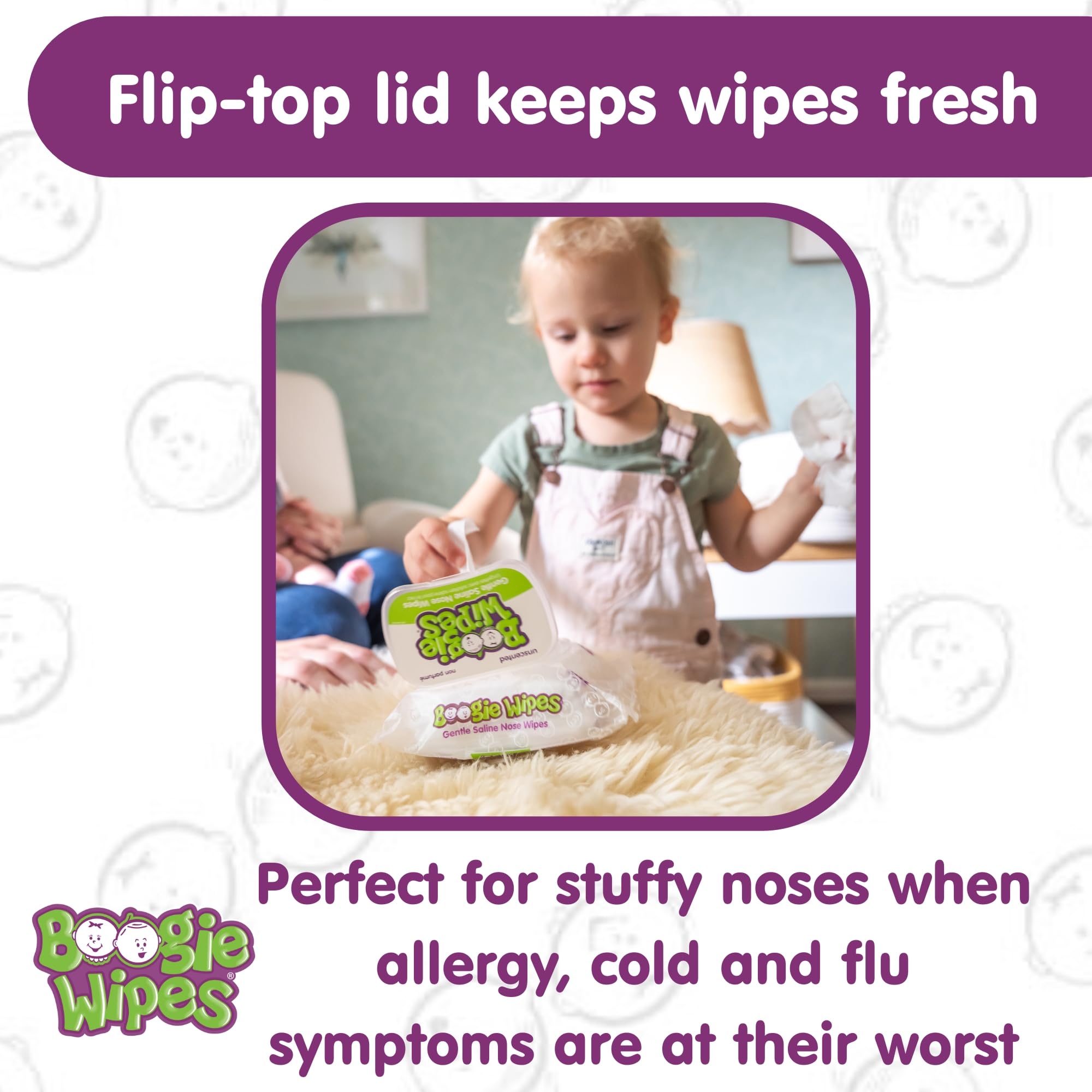 Boogie Wipes Unscented travel-pack in car for quick cleanups.