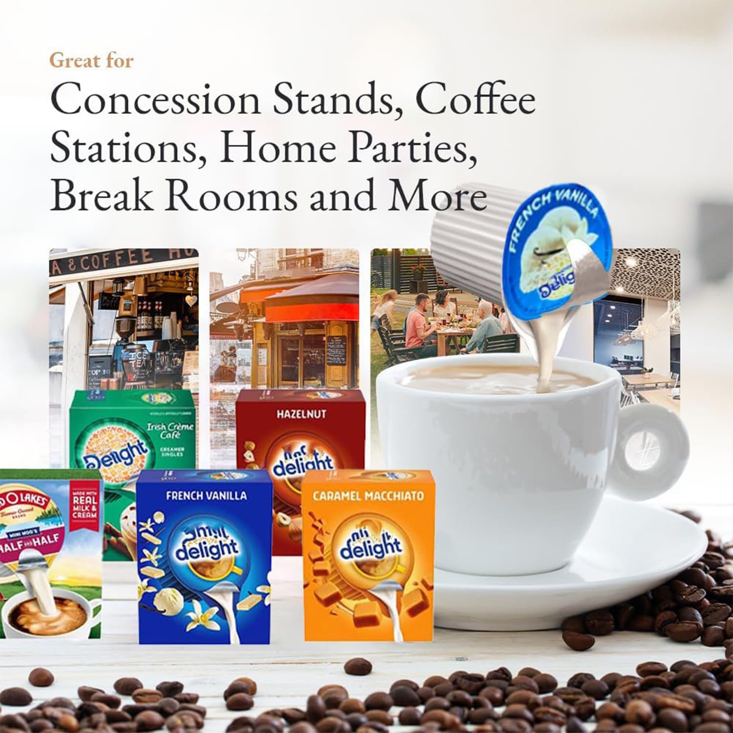 Bools coffee creamer singles flavors layout featuring five options including French Vanilla and Hazelnut.