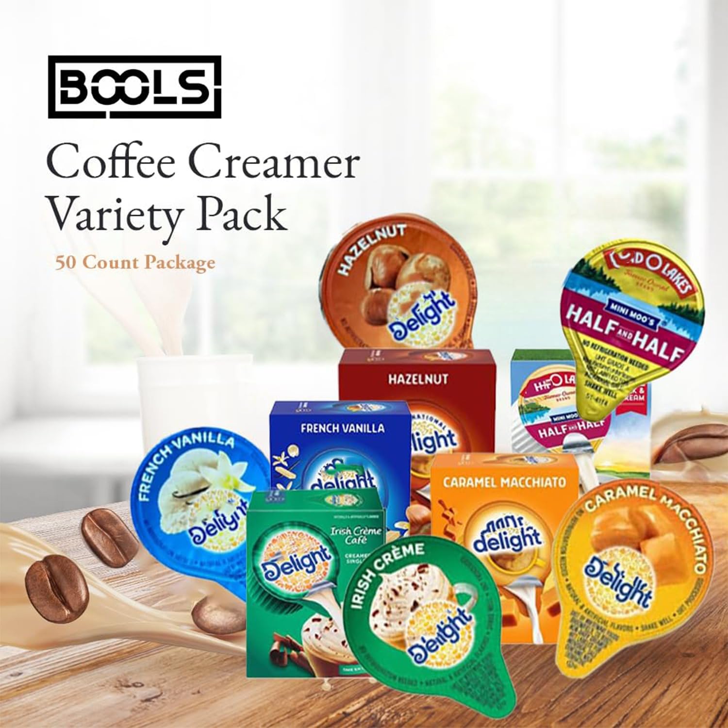 Bools coffee creamer singles open-pack display highlighting individual portions for quick coffee.