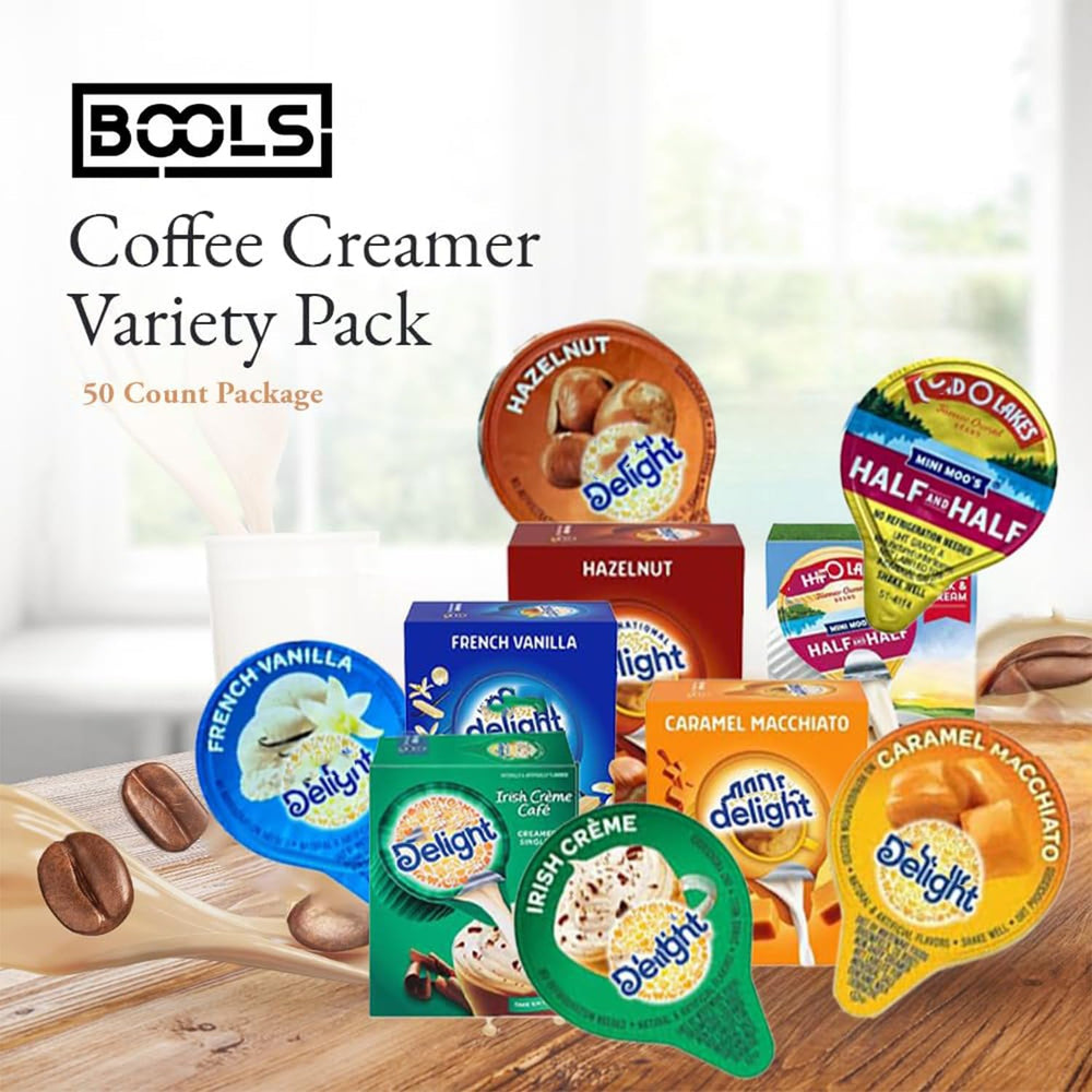 Bools coffee creamer singles open-pack display highlighting individual portions for quick coffee.