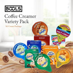 Bools coffee creamer singles open-pack display highlighting individual portions for quick coffee.