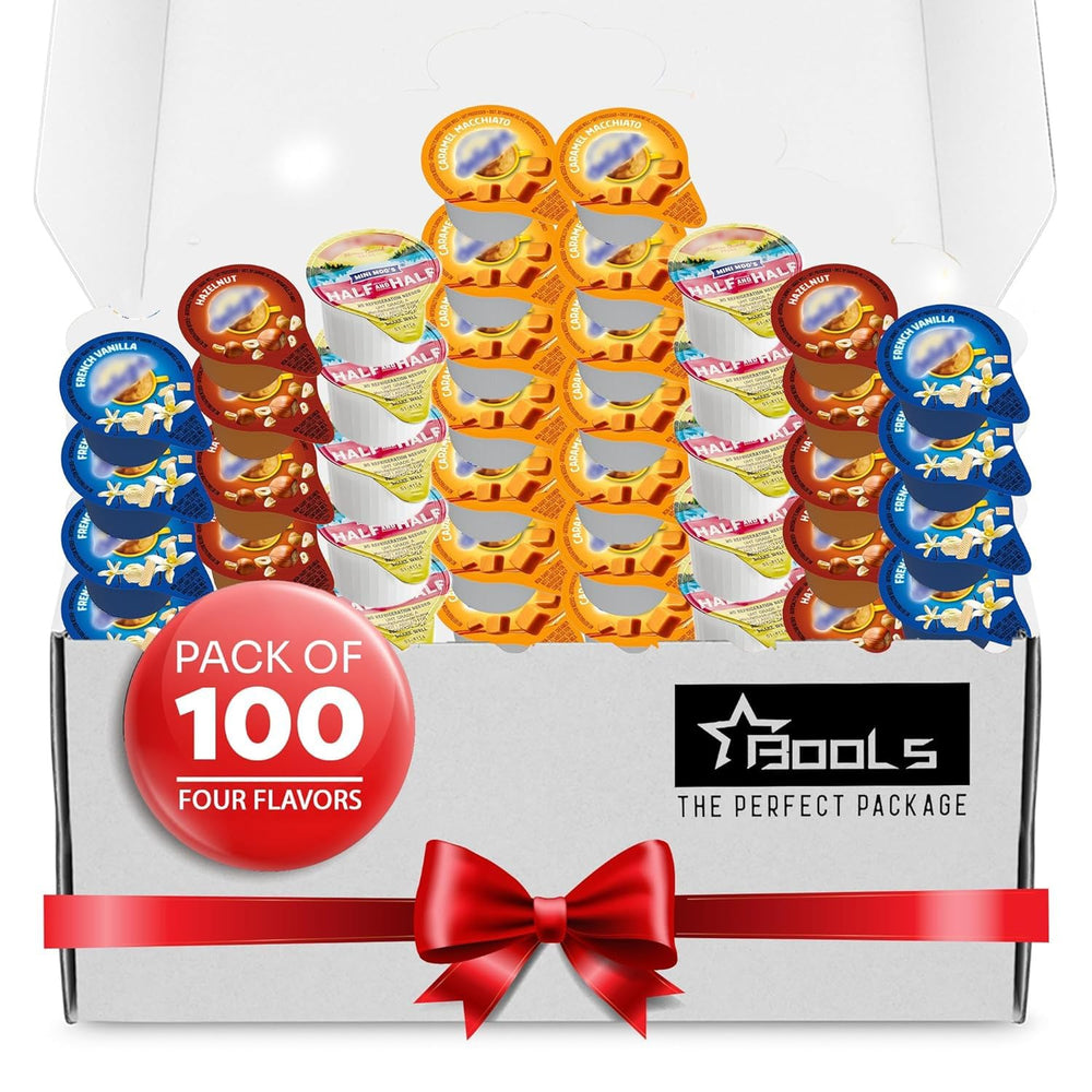 Bools coffee creamer singles variety pack, single-serve creamers ideal for home, office, or events.