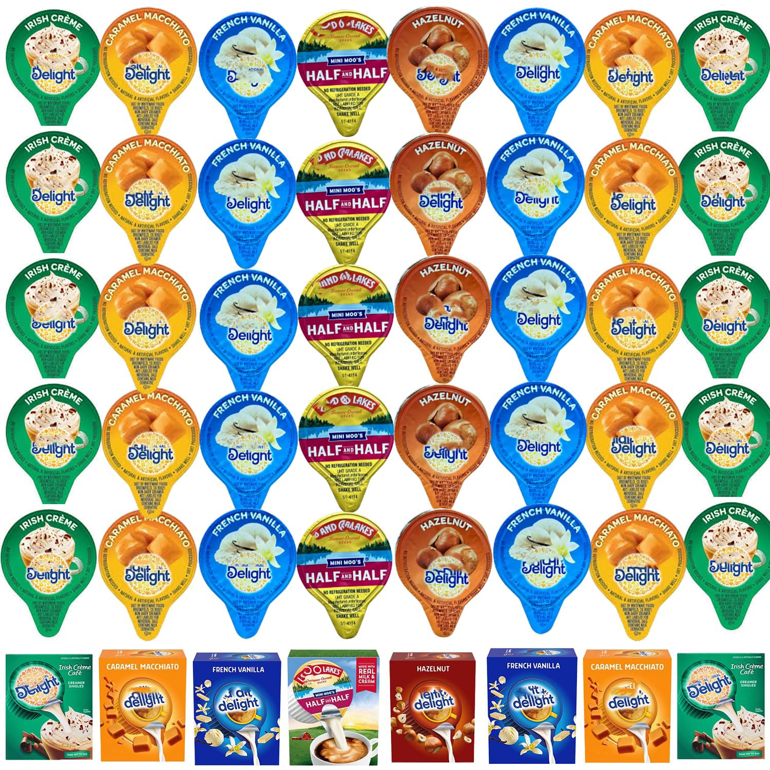 Bools coffee creamer singles variety pack box showing assorted flavors for home or office coffee.