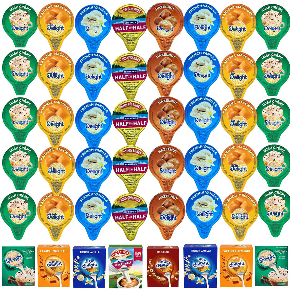 Bools coffee creamer singles variety pack box showing assorted flavors for home or office coffee.