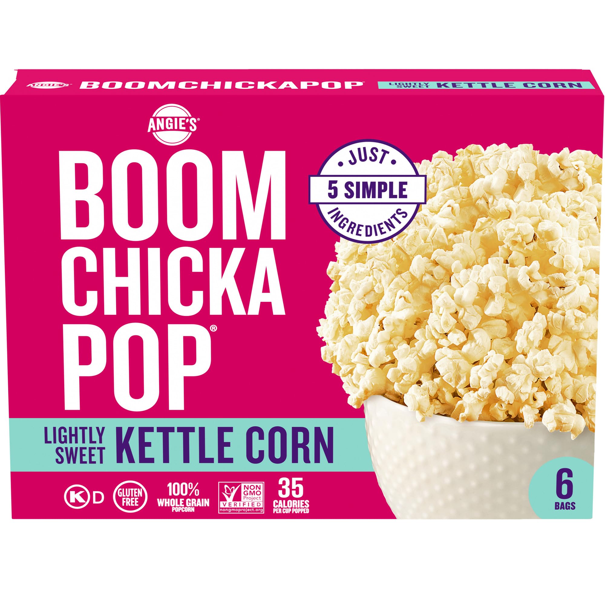 Angie's BOOMCHICKAPOP Lightly Sweet Kettle Corn box on a shelf for quick snacking.