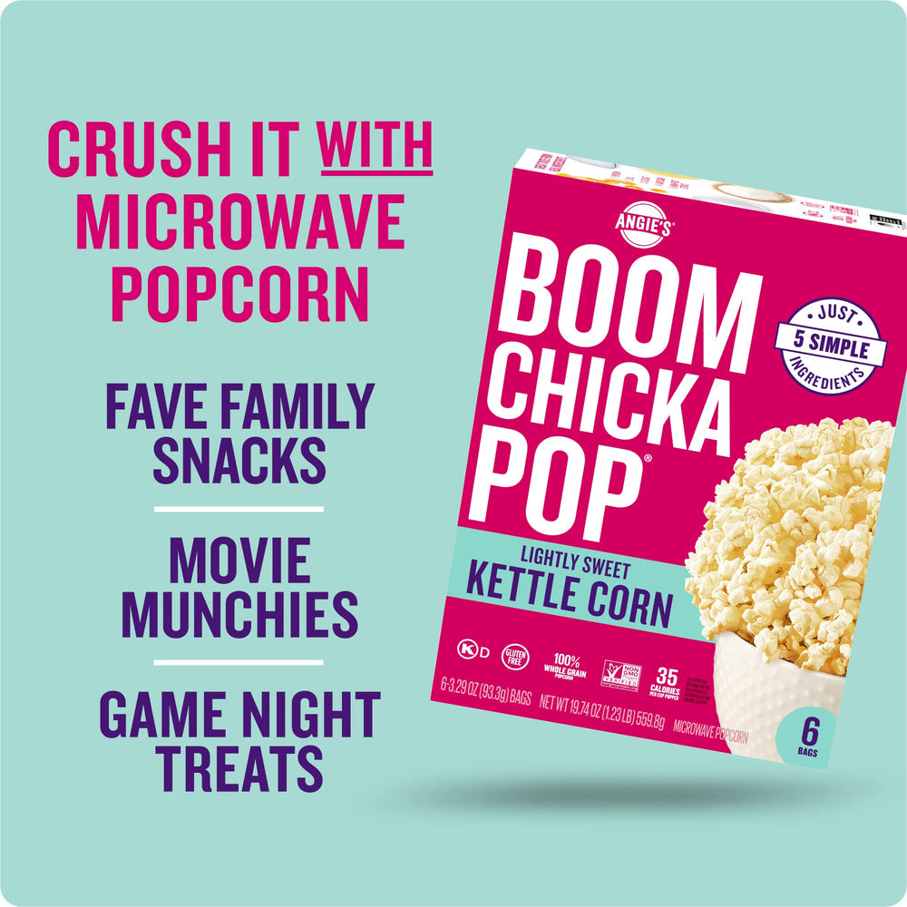 Angie's BOOMCHICKAPOP nutrition label close-up highlights calories per cup.