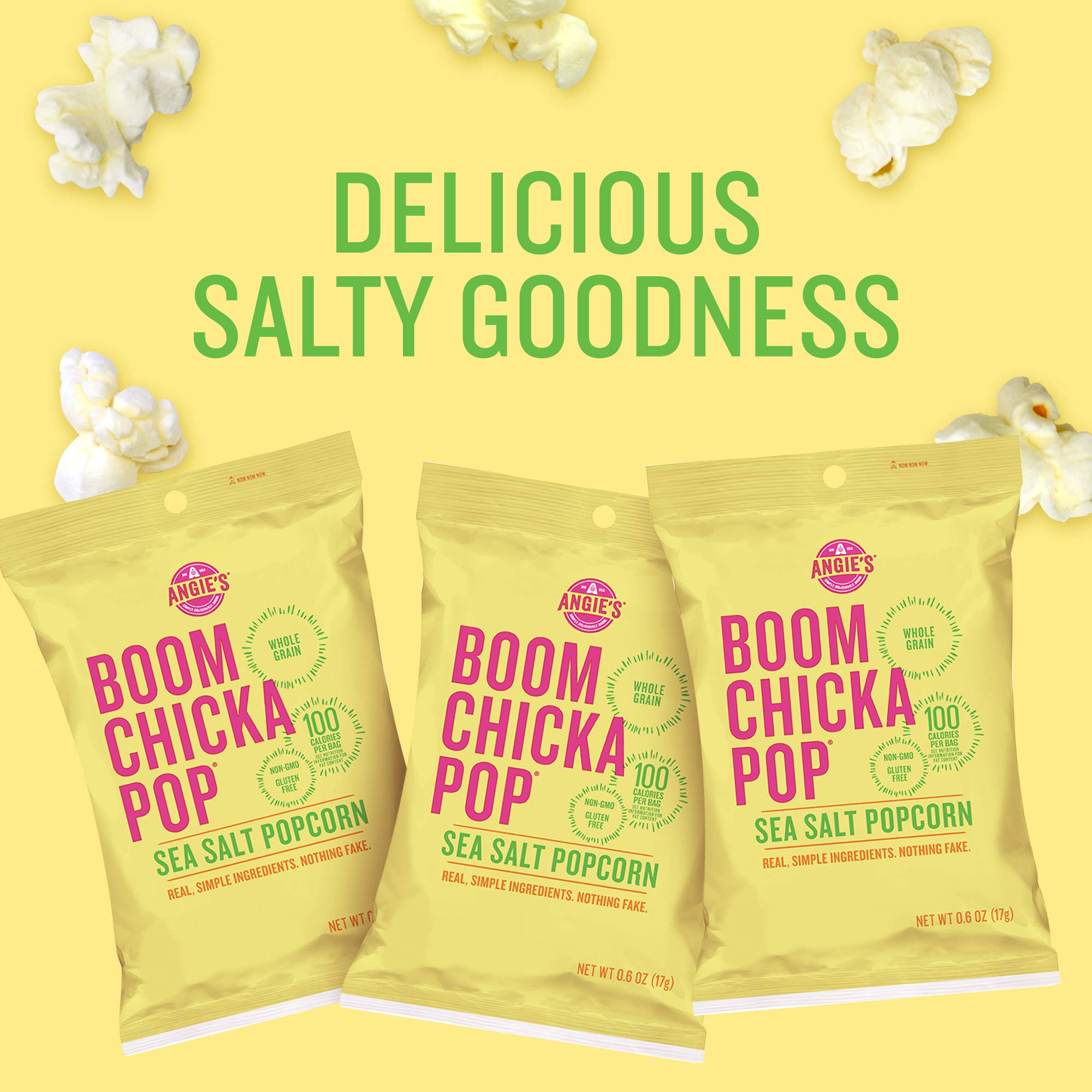 Angie's BOOMCHICKAPOP sea salt popcorn bag showcases simple, real ingredients in a portable package