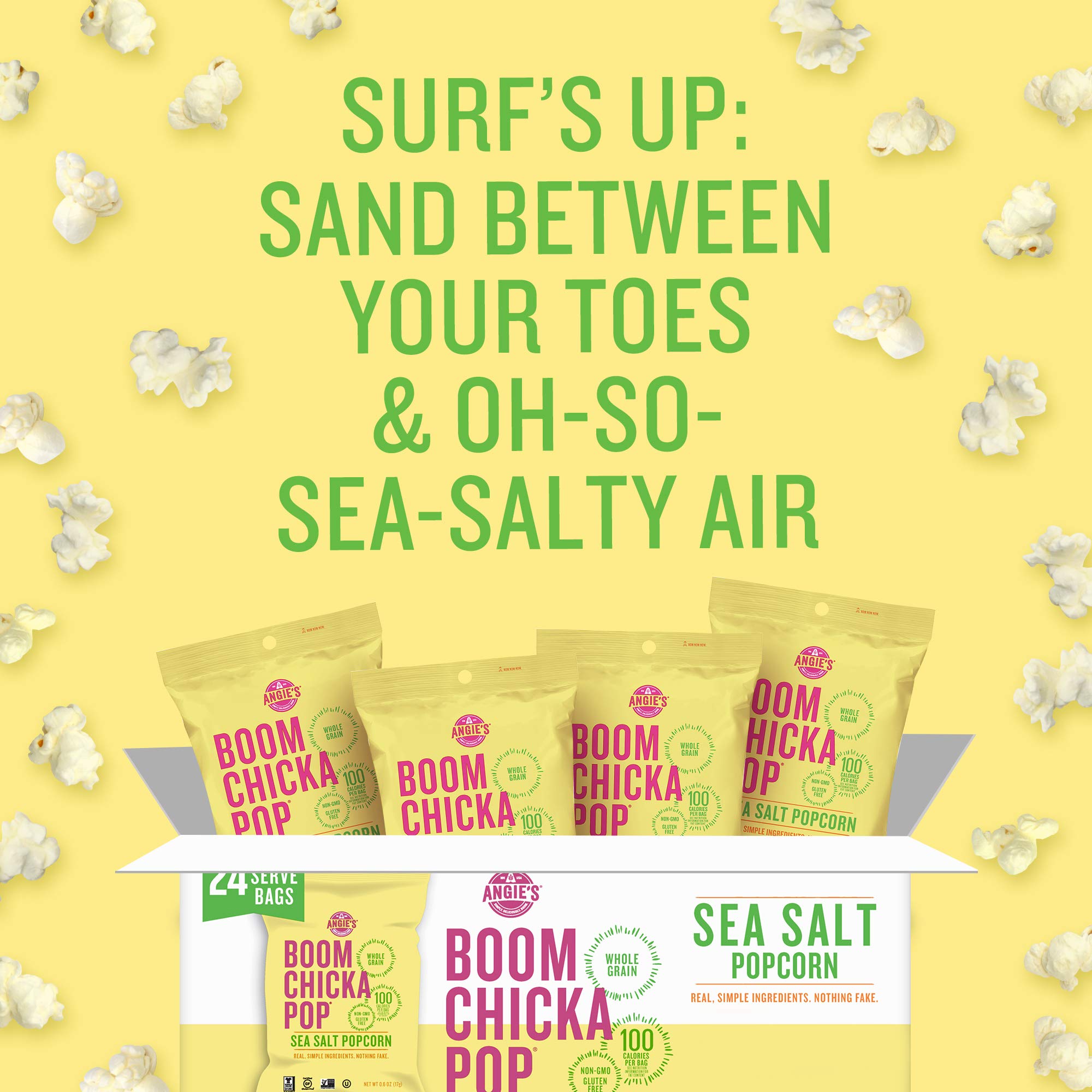 Angie's BOOMCHICKAPOP sea salt popcorn bag offers a crunchy, savory experience