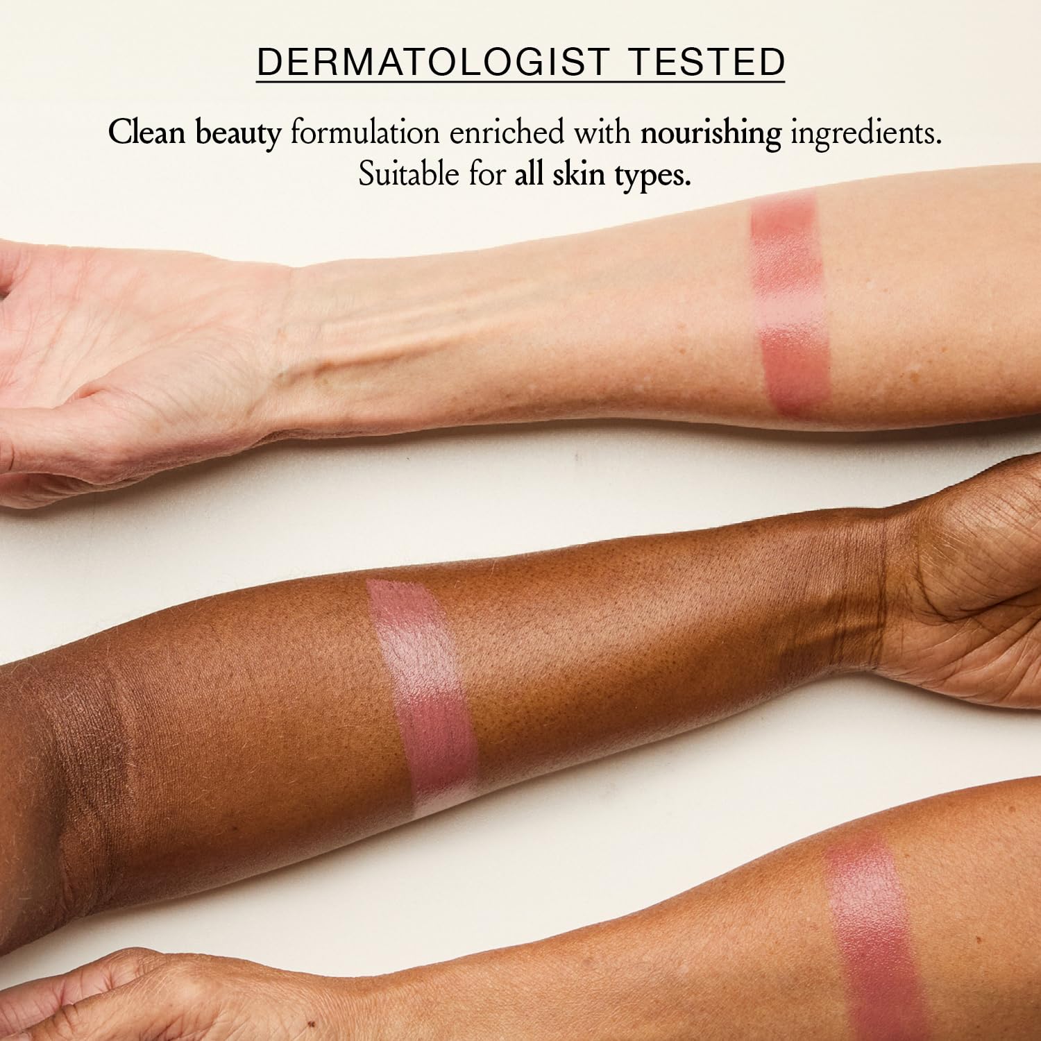 BOOM! Rose Nude applied on lips for hydrated rosiness.