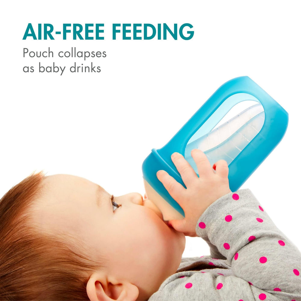 Boon Nursh air-free design showing collapsible silicone pouch during feeding.