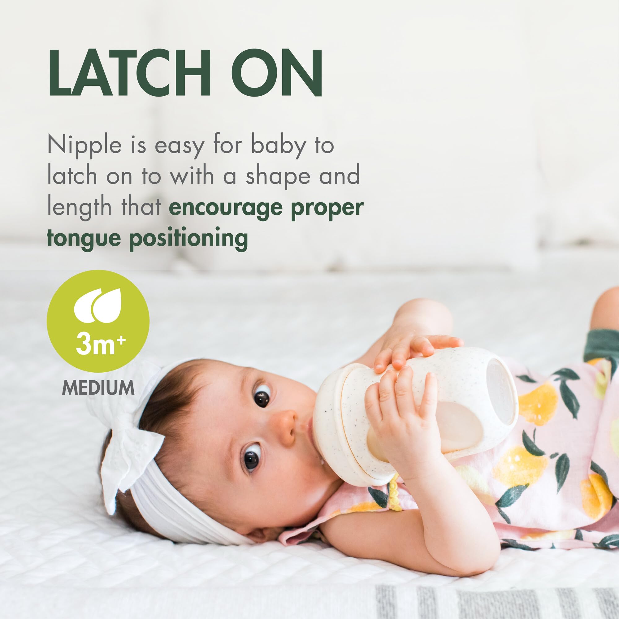 Boon Nursh 8 oz bottle features a medium-flow nipple for easy latch.