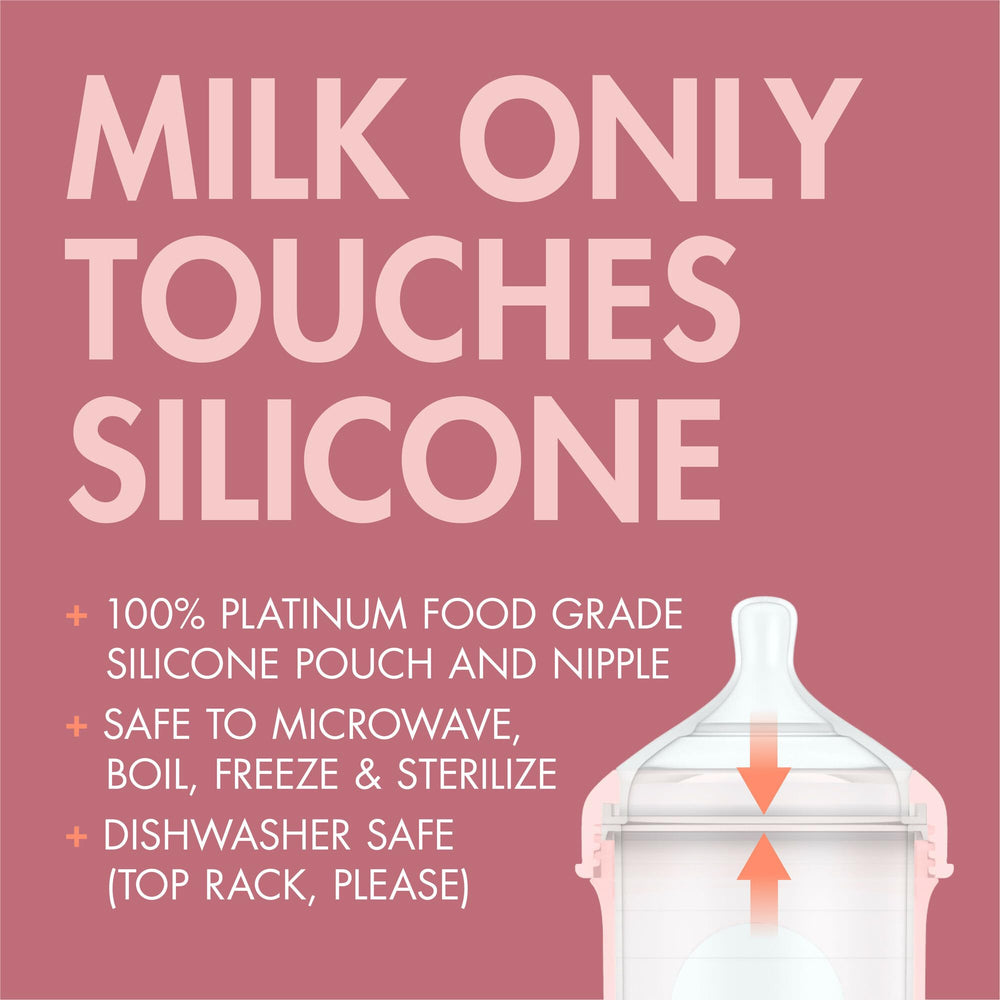 Boon Nursh silicone material touches milk, no plastic contact