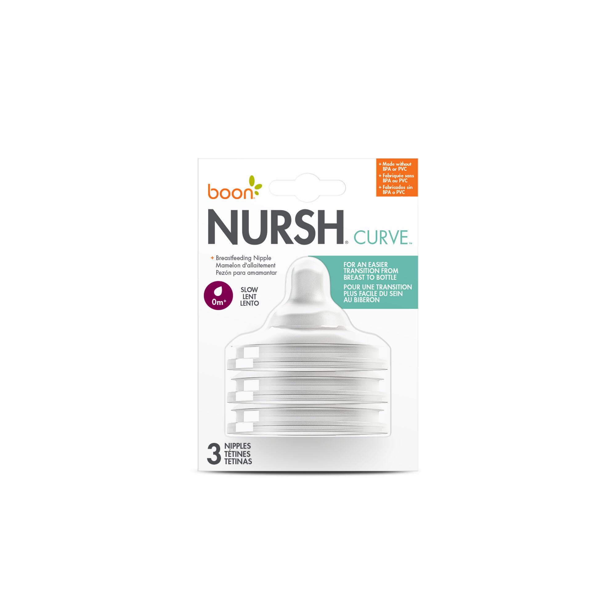 Boon Nursh Curve nipple offers soft silicone feel for familiar comfort during feeding.