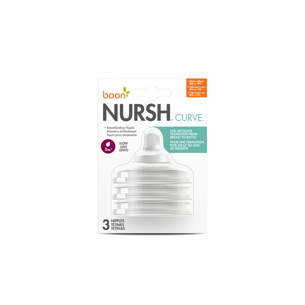 Boon Nursh Curve nipple offers soft silicone feel for familiar comfort during feeding.