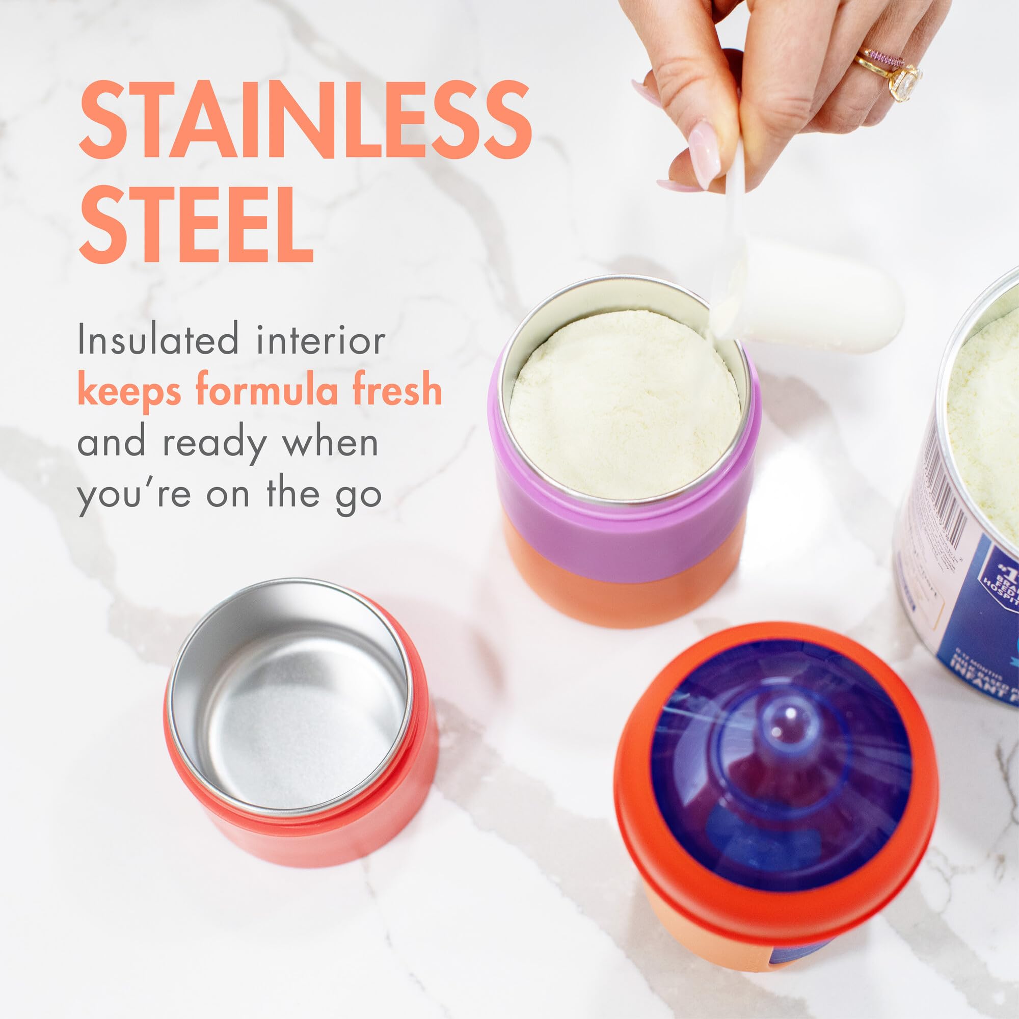 Boon Triful insulated stainless steel keeps powder fresh during travel.