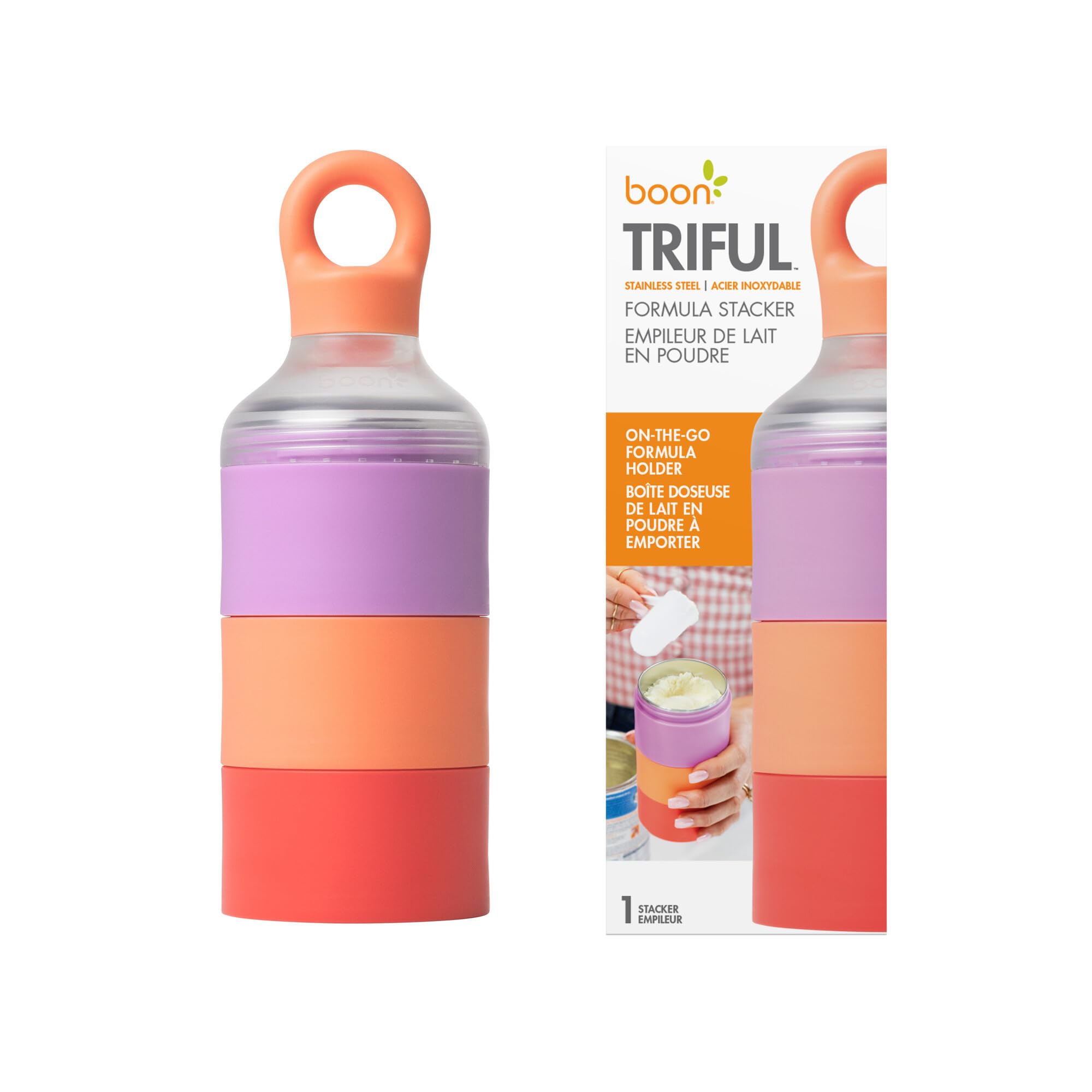 Boon Triful pink stacked pods for portable formula storage during on-the-go feeding.