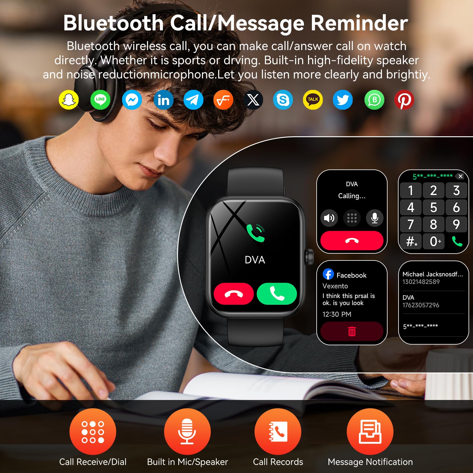 BOOOMIC smartwatch enabling Bluetooth calls with clear speaker for hands-free conversations.