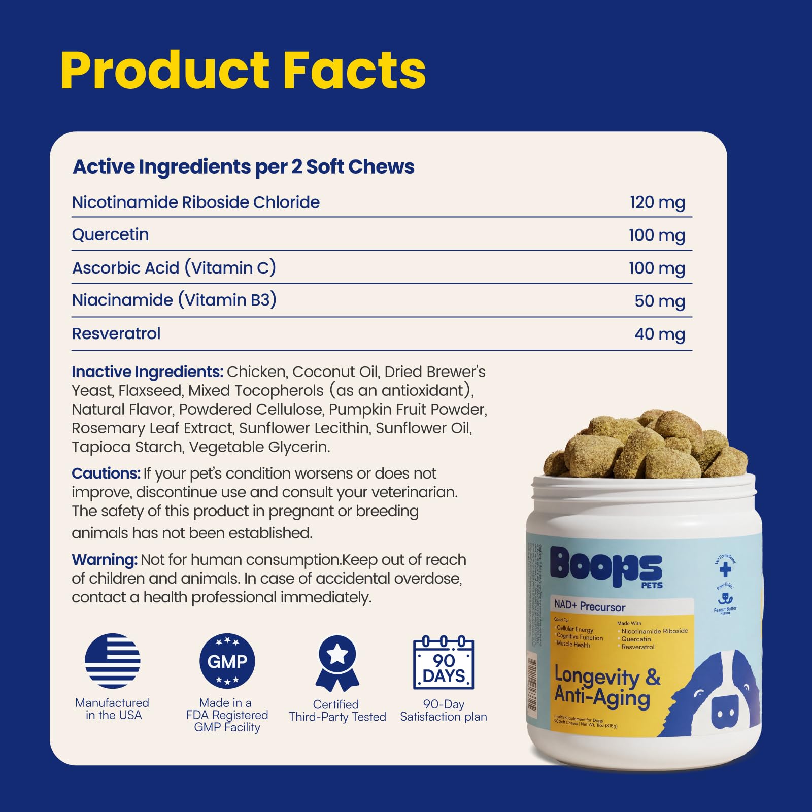 Boops Pets 90-day guarantee badge communicates confidence for pet families.